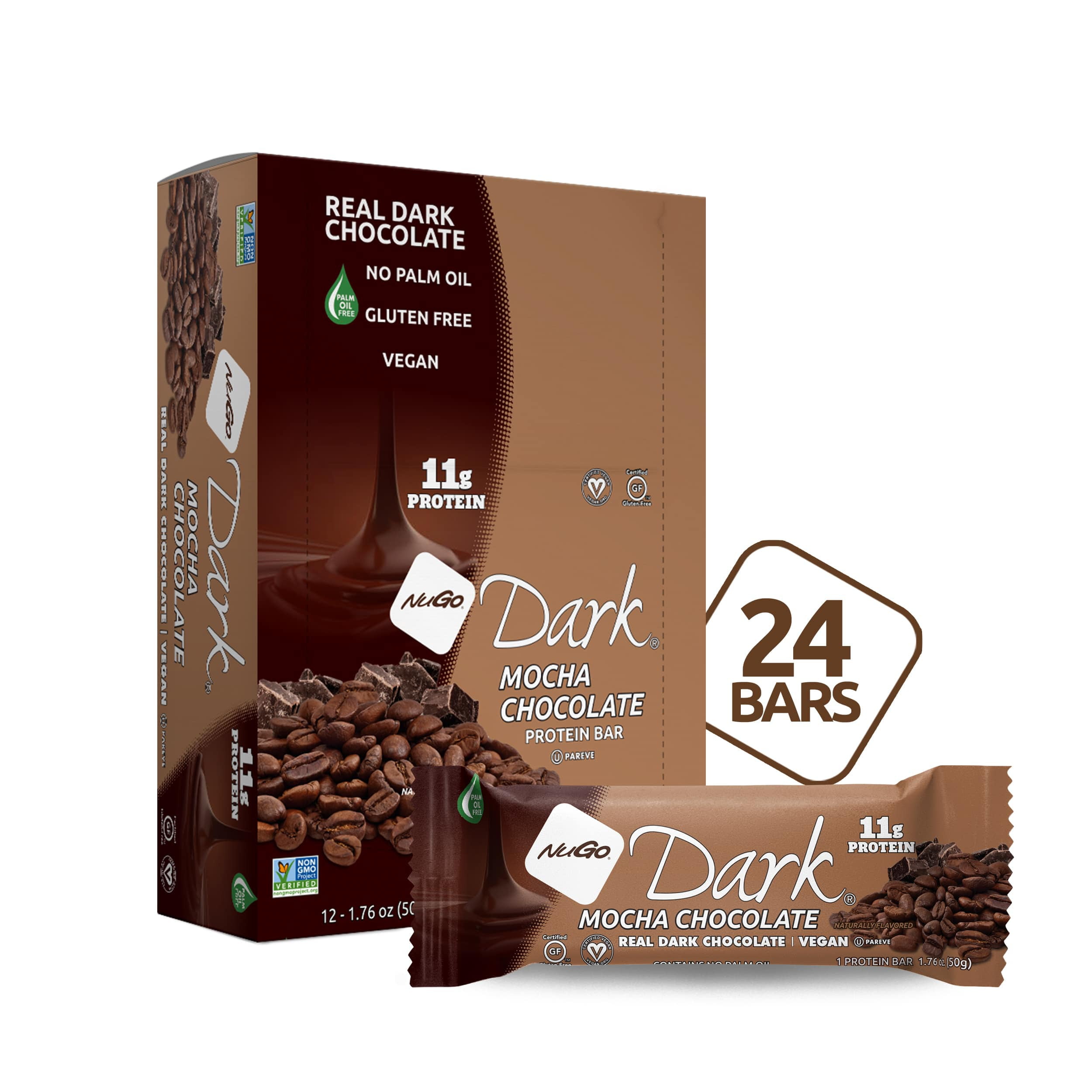 NuGo Dark Chocolate Mocha, 11g Protein, Vegan, Gluten Free, Kosher Pareve, 24 Count