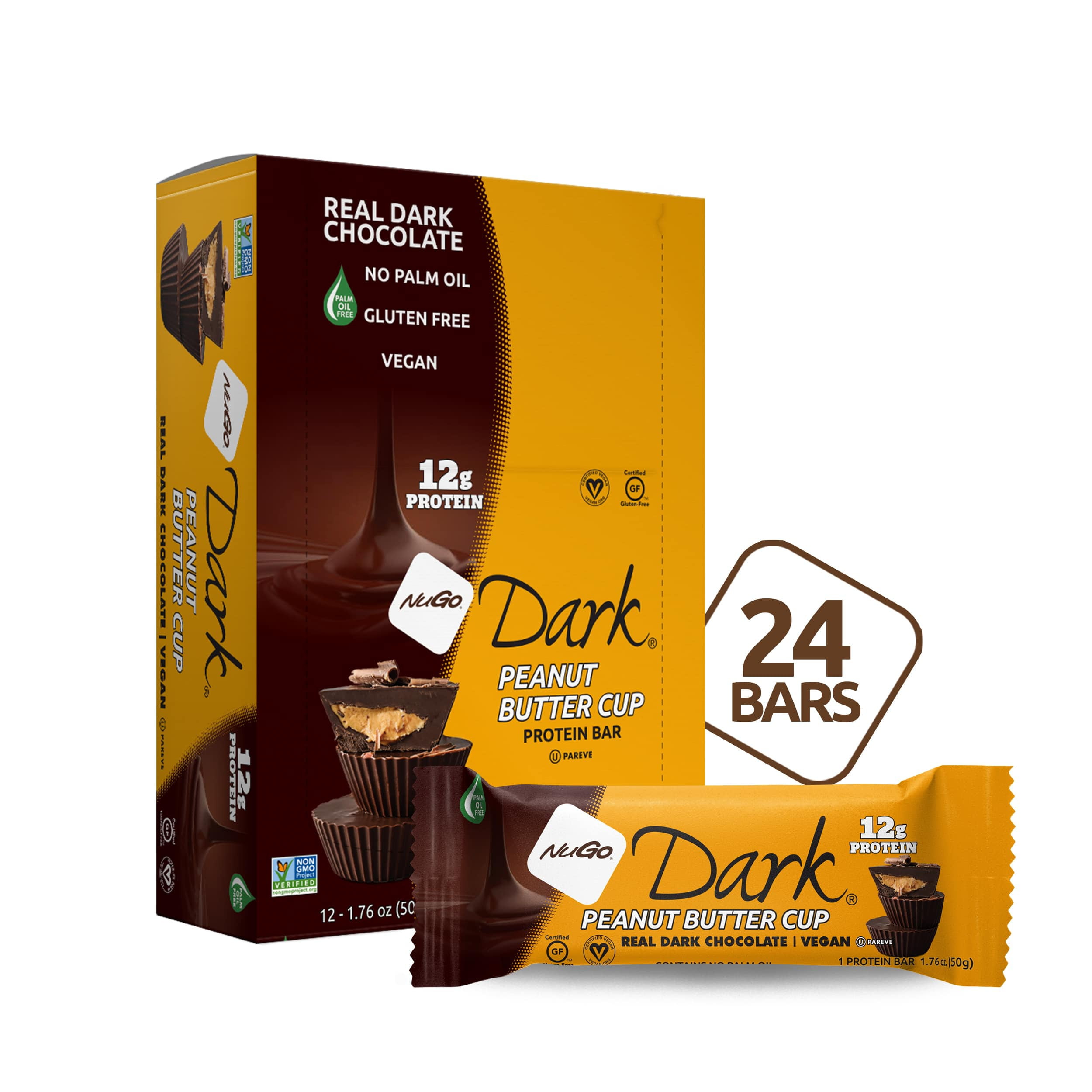 NuGo Dark Peanut Butter Cup, 12g Protein, Vegan, Gluten Free, Kosher Pareve, 24 Count
