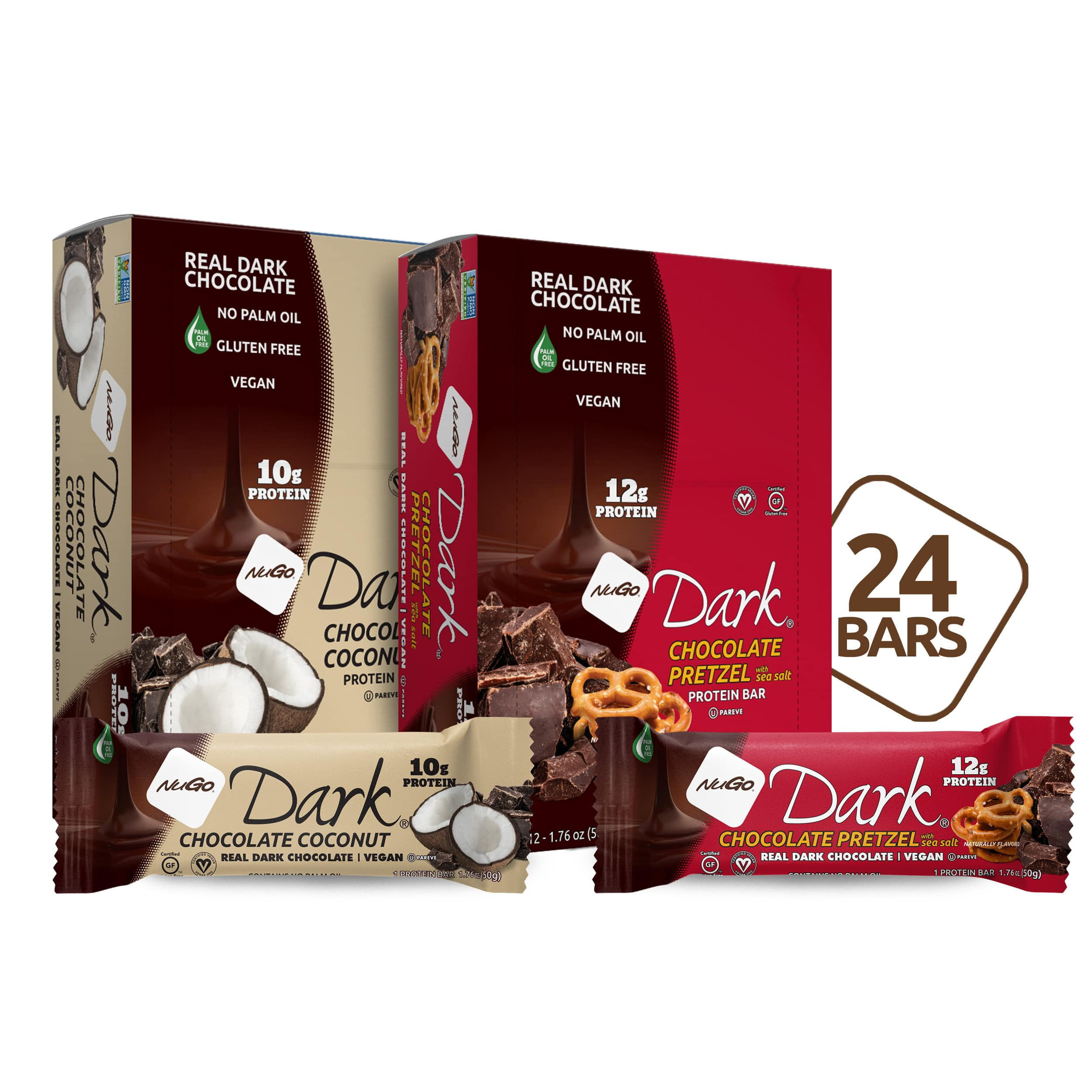 NuGo Dark Variety - Chocolate Pretzel 12 Bars & Chocolate Coconut 12 Bars, 10-12g Protein, Vegan, Gluten Free, Kosher Pareve, 24 Count