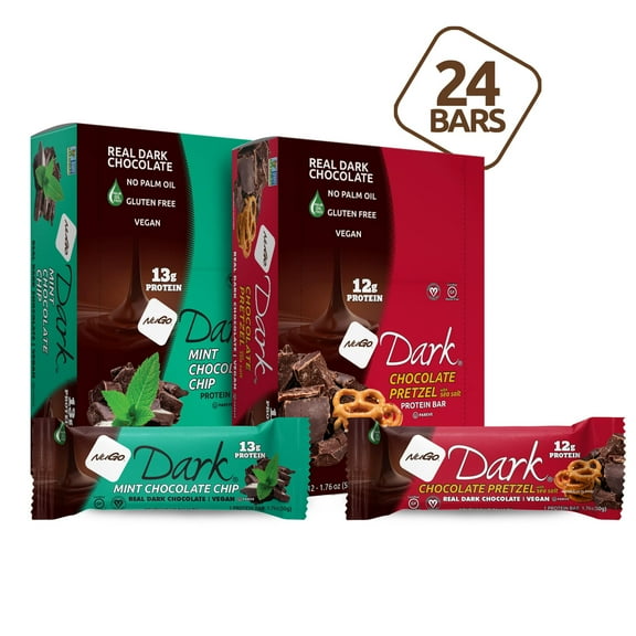 NuGo Dark Variety - Chocolate Pretzel 12 Bars & Mint Chocolate Chip 12 Bars, 12-13g Protein, Vegan, Gluten Free, Kosher Pareve, 24 Count