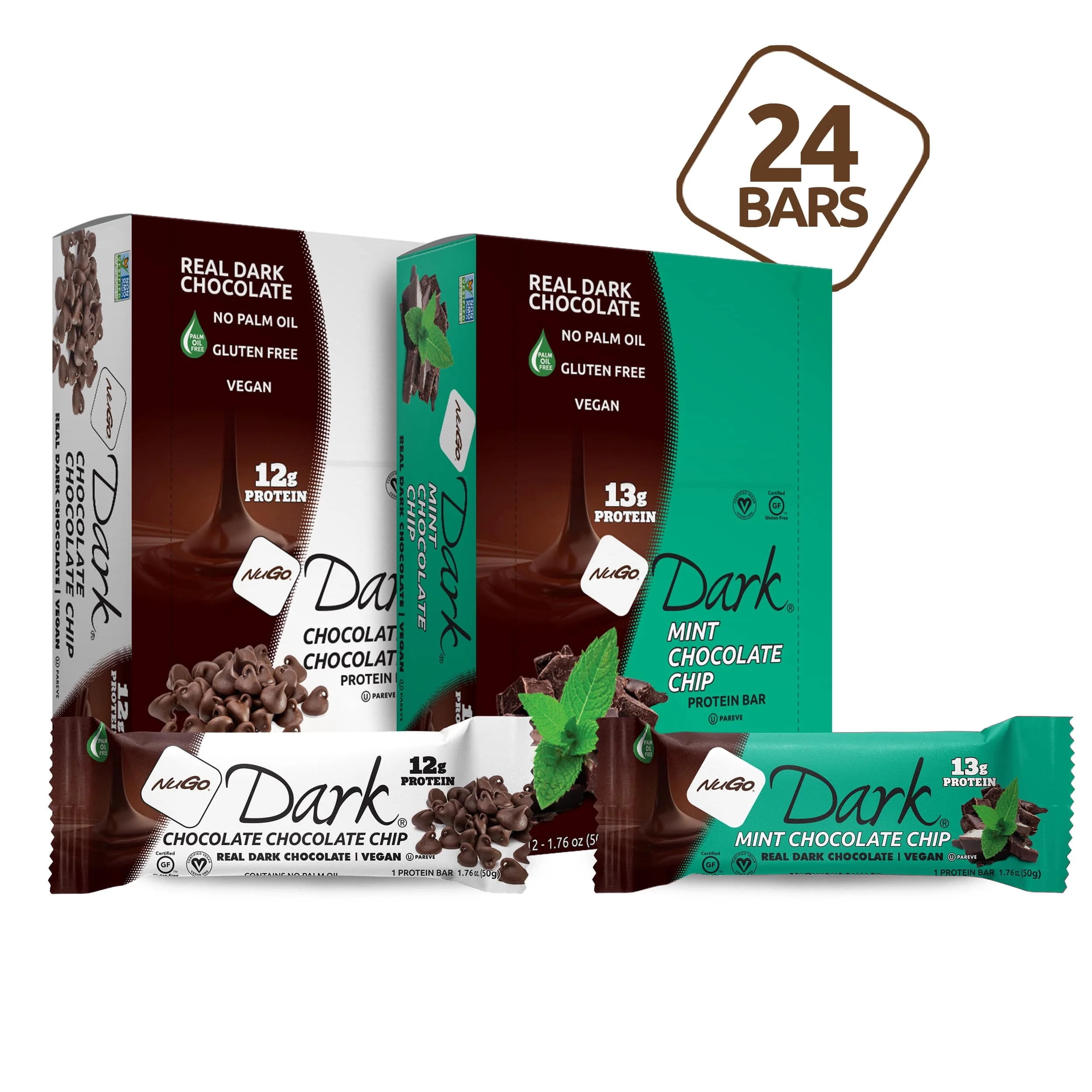 NuGo Dark Variety Mint Chocolate Chip 12 Bars & Chocolate Chocolate