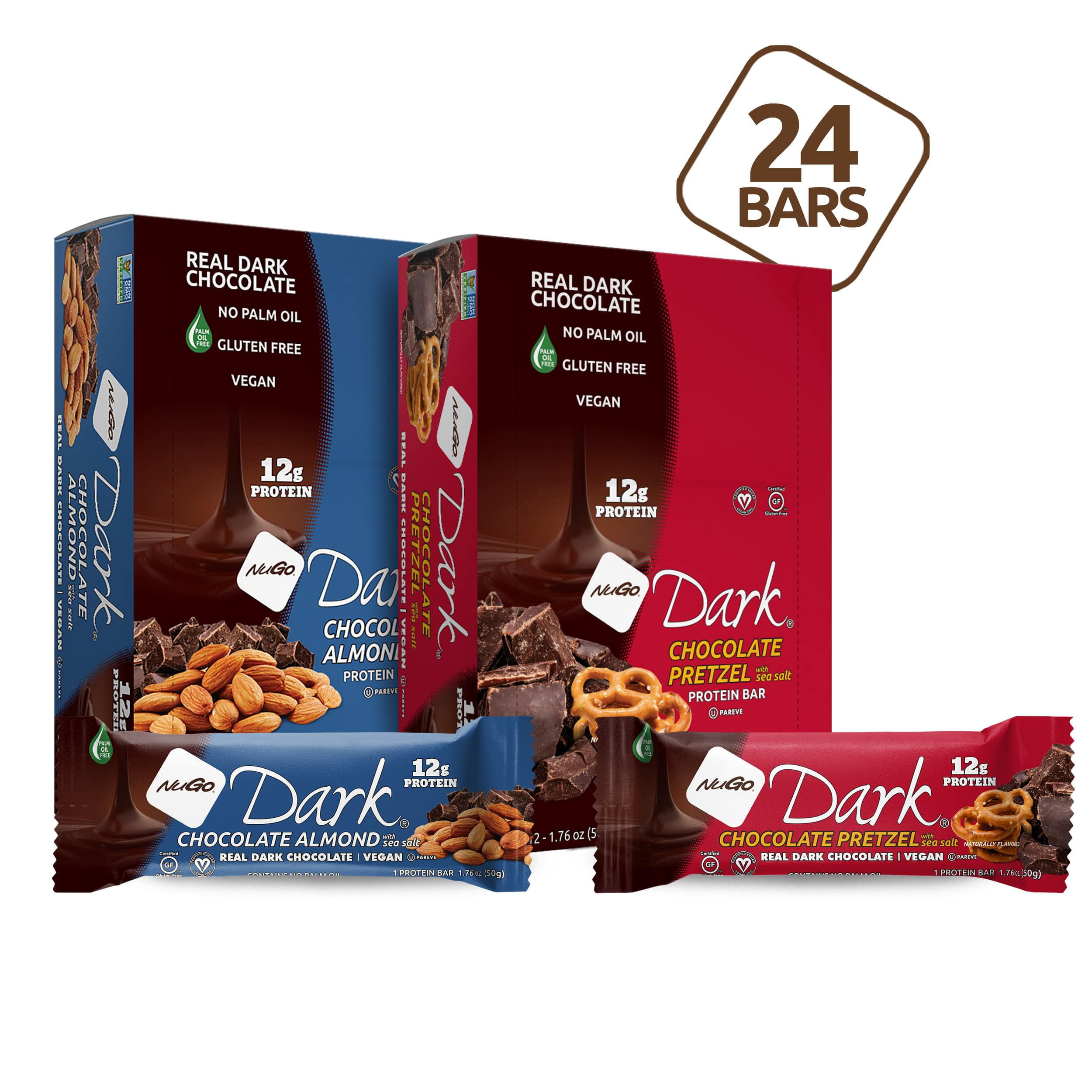 NuGo Dark Variety - Pretzel w/ Sea Salt 12 bars & Chocolate Almond with Sea Salt 12 bars, 12g Vegan Protein, Gluten Free, 24 count
