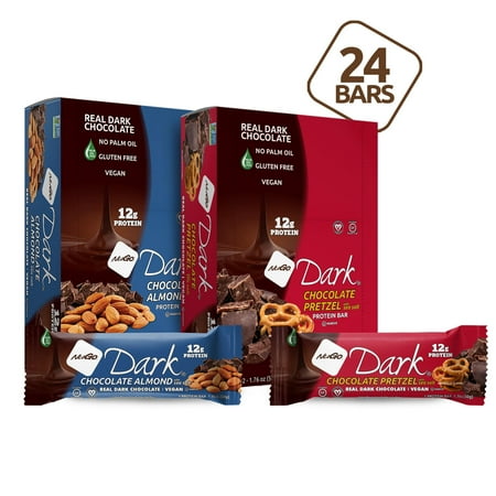 NuGo Dark Variety - Pretzel w/ Sea Salt 12 bars & Chocolate Almond with Sea Salt 12 bars, 12g Vegan Protein, Gluten Free, 24 count