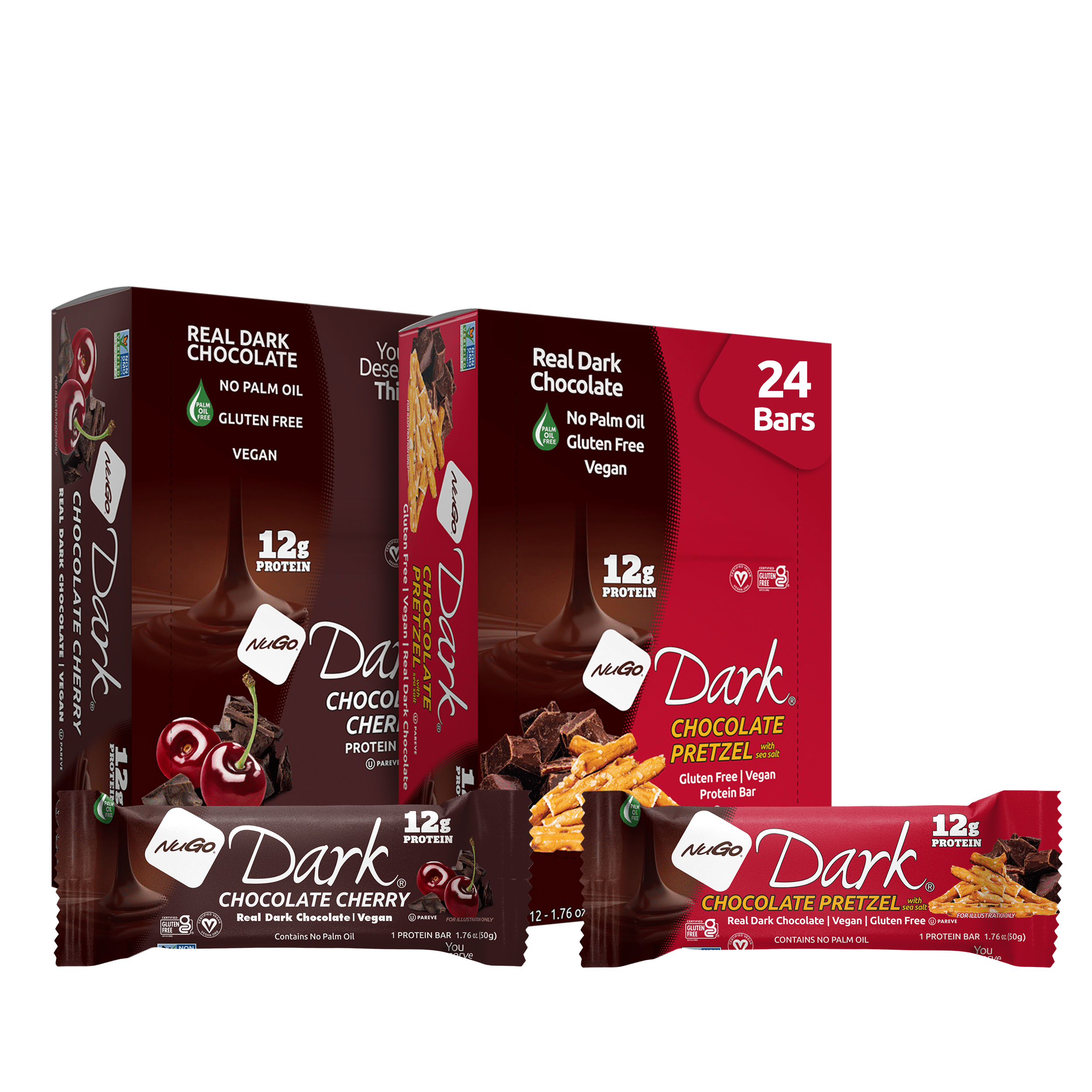 NuGo Dark Variety - Pretzel w/ Sea Salt 12 bars & New! Cherry with Sea Salt 12 bars, 12g Vegan Protein, 200 Calorie, Gluten Free, 24 count