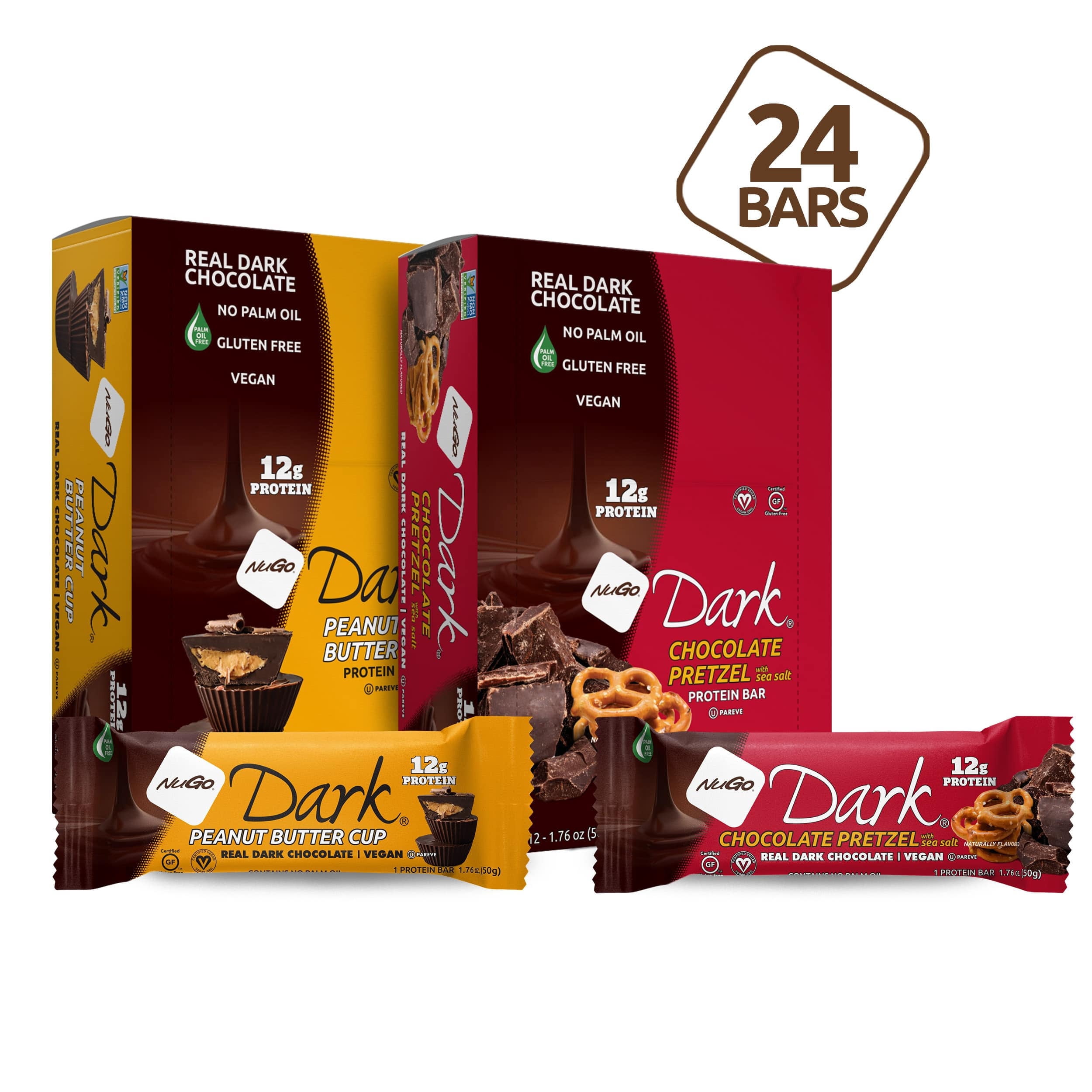 NuGo Dark Variety - Pretzel with Sea Salt 12 Bars & Peanut Butter Cup 12 Bars, 12g Protein, Vegan, Gluten Free, Kosher Pareve, 24 Count Variety