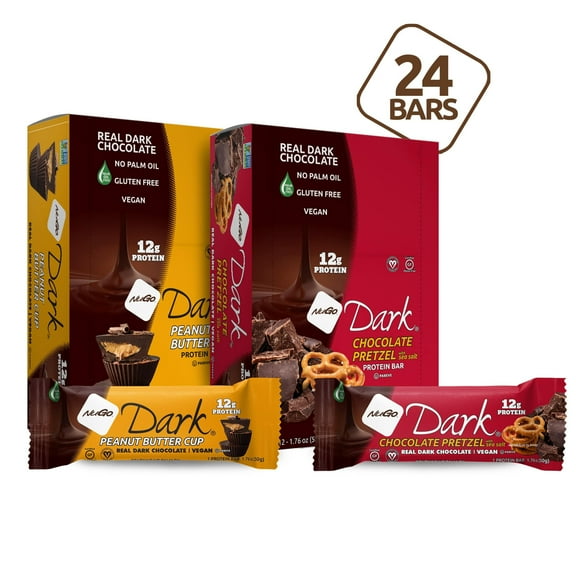 NuGo Dark Variety - Pretzel with Sea Salt 12 Bars & Peanut Butter Cup 12 Bars, 12g Protein, Vegan, Gluten Free, Kosher Pareve, 24 Count Variety