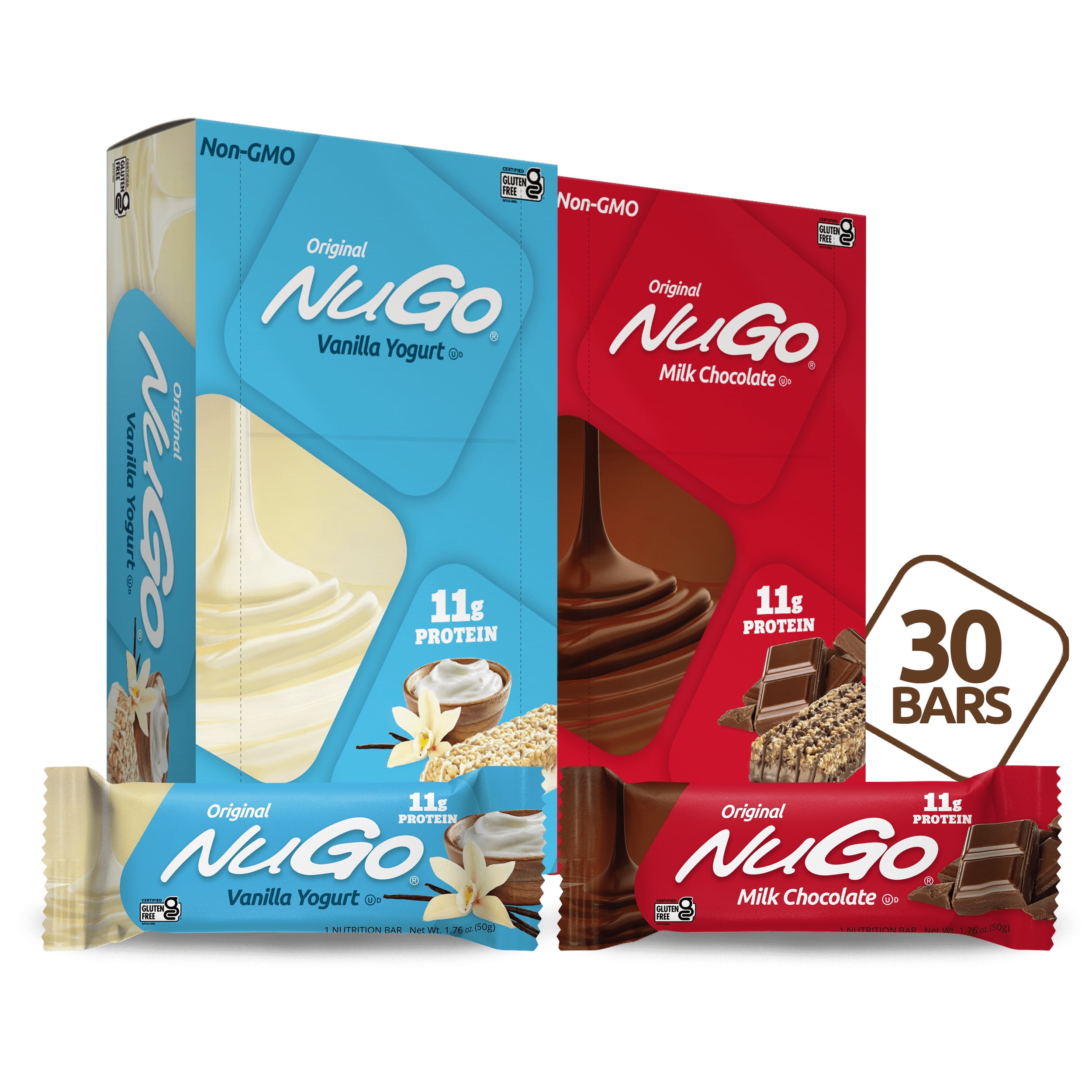 NuGo Original Variety, Vanilla Yogurt 15 bars  Chocolate 15 bars, 11g Protein, Gluten Free, 30 Count