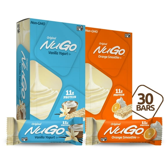 NuGo Original Variety, Vanilla Yogurt 15 bars Orange Smoothie 15 bars, 11g Protein, Gluten Free, 30 Count