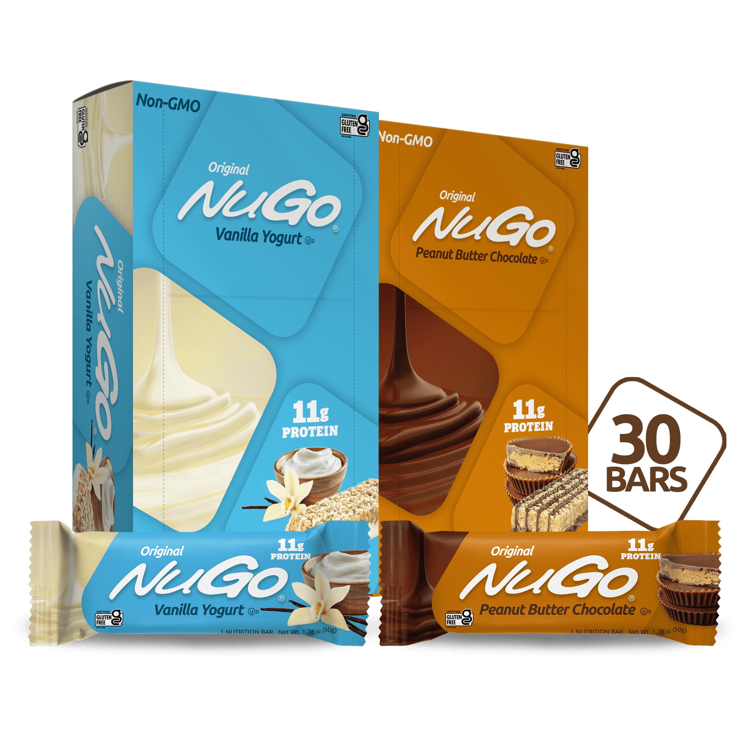 NuGo Original Variety, Vanilla Yogurt 15 bars  Peanut Butter 15 bars, 11g Protein, Gluten Free, 30 Count