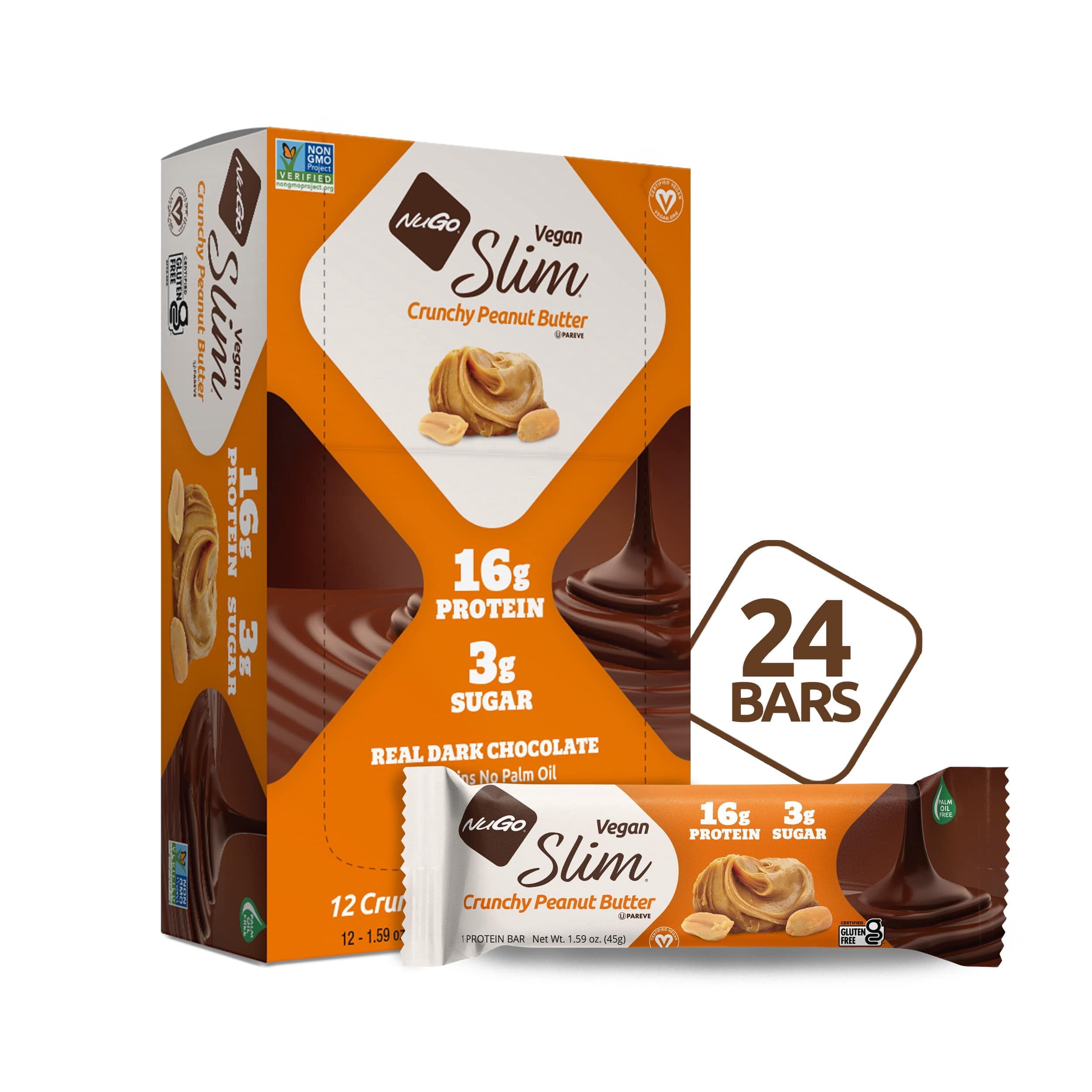 NuGo Slim Dark Chocolate Crunchy Peanut Butter, 17g Vegan Protein, 3g Sugar, 7g Fiber, 180 Calories, Low Net Carbs, Gluten Free, 24 Count
