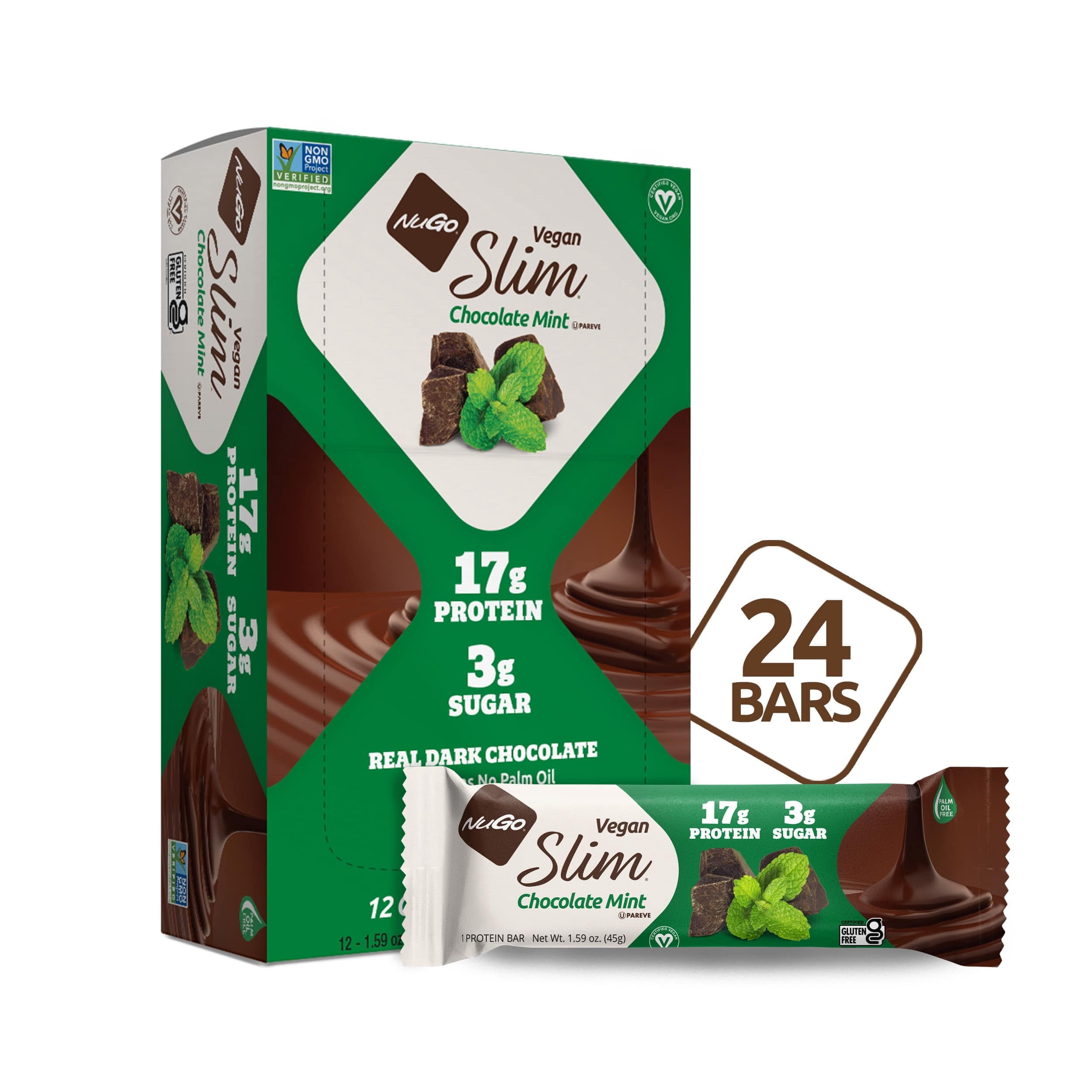 NuGo Slim Dark Chocolate Mint, 17g Vegan Protein, 3g Sugar, 6g Fiber, 170 Calorie, Low Net Carbs, Gluten Free, 24 Count