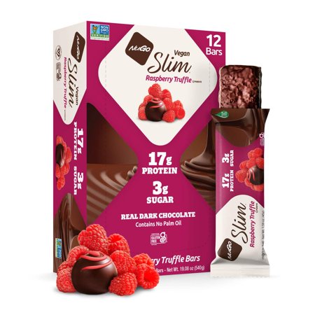 NuGo Slim Dark Chocolate Raspberry Truffle, 17g Protein, 2g Sugar, 7g Fiber, 160 Calories, Low Net Carbs, Gluten Free, 12 Count