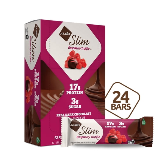 NuGo Slim Dark Chocolate Raspberry Truffle, 17g Protein, 3g Sugar, 7g Fiber, 160 Calories, Low Net Carbs, Gluten Free, 24 Count