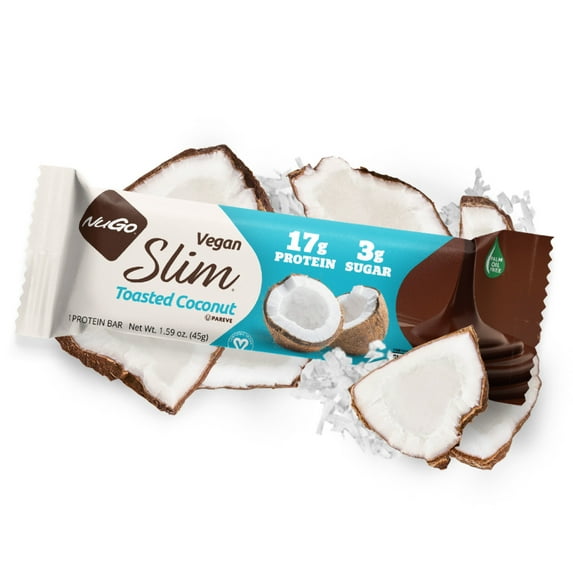 NuGo Slim Dark Chocolate Toasted Coconut, 16g Vegan Protein, 3g Sugar, 7g Fiber, 190 Calories, Low Net Carbs, Gluten Free, 12 Count