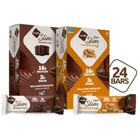 NuGo Slim Variety - Crunchy Peanut Butter 12 bars & Brownie Crunch 12 bars, 16g Protein, Keto Friendly, Gluten Free, 24 count