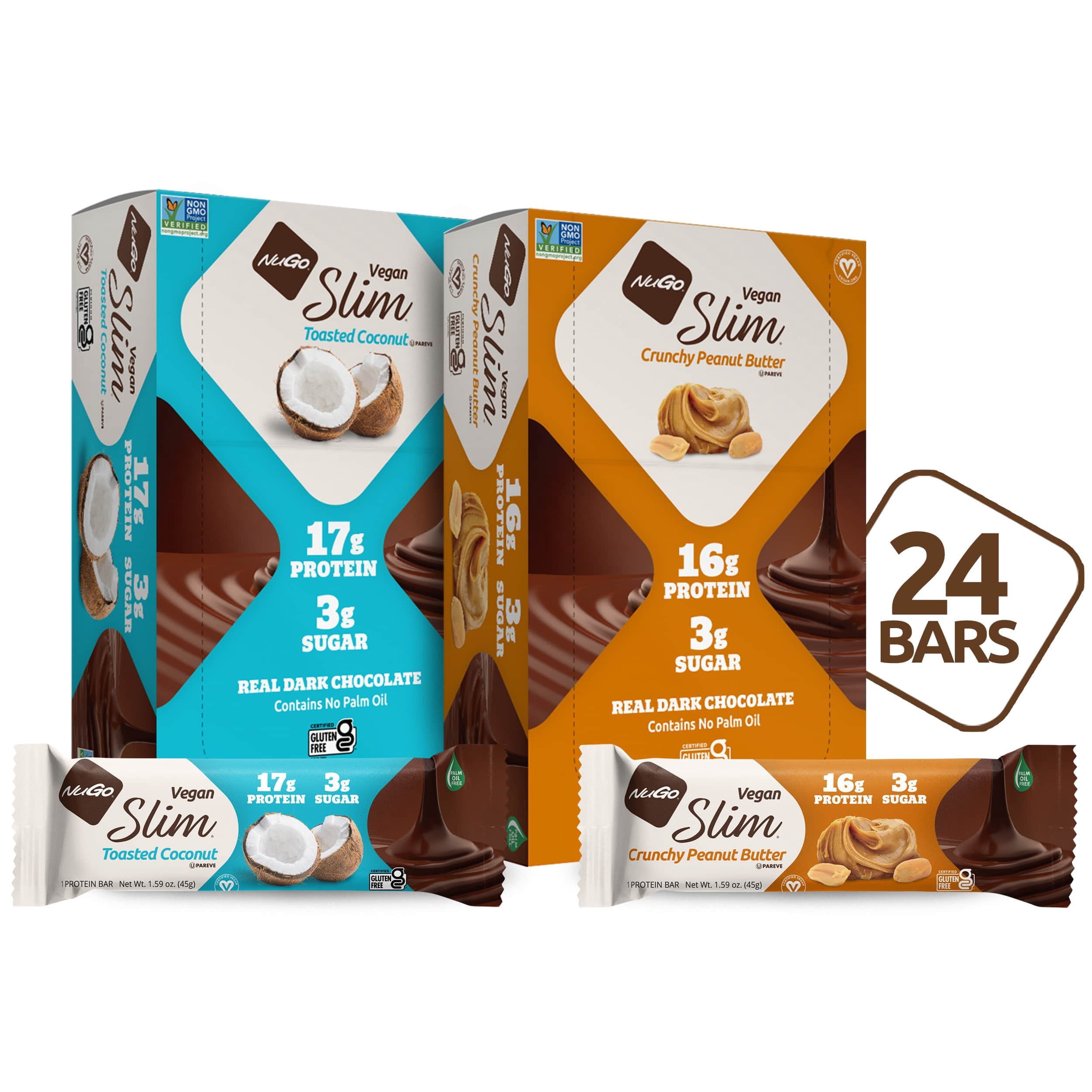 NuGo Slim Variety - Crunchy Peanut Butter 12 Bars & Toasted Coconut 12 Bars, 16-17g Protein, Vegan, Gluten Free, Kosher Pareve, 24 Count