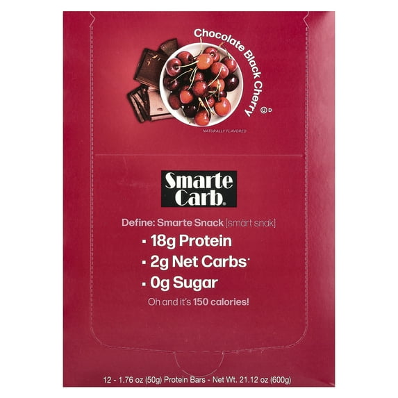 NuGo Smarte Carb Chocolate Black Cherry, 18g Protein, 0g Sugar, 2g Net Carbs, 150 Calorie, 12 Count