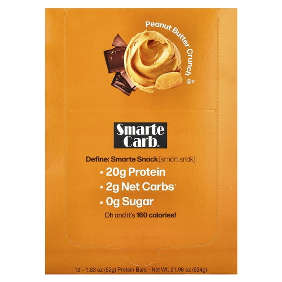 NuGo Smarte Carb Peanut Butter Crunch, 20g Protein, 0g Sugar, 2g Net Carbs, 160 Calories, 12 Count