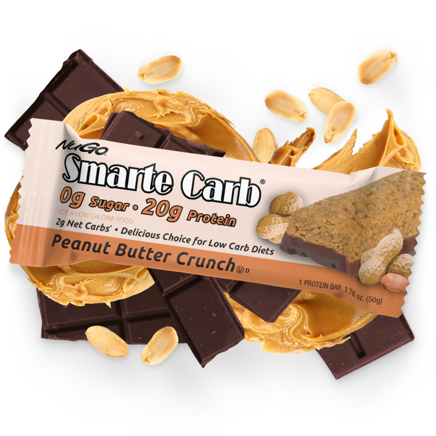 NuGo Smarte Carb Peanut Butter Crunch, 20g Protein, 0g Sugar, 2g Net