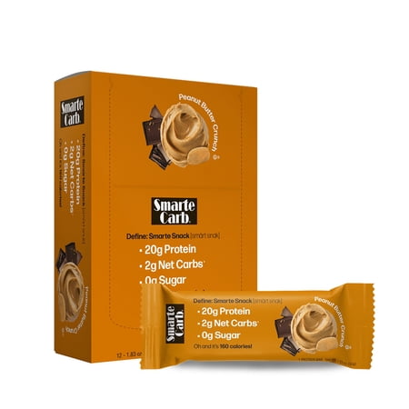 NuGo Smarte Carb Peanut Butter Crunch, 20g Protein, 0g Sugar, 2g Net Carbs, 160 Calories, 12 Count