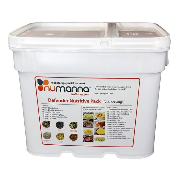 NuManna Defender Nutritive Pack with 200 Servings, Emergency Survival Food Storage Kit, Separate Rations, In A Bucket, 25+ Year Shelf Life, GMO-Free