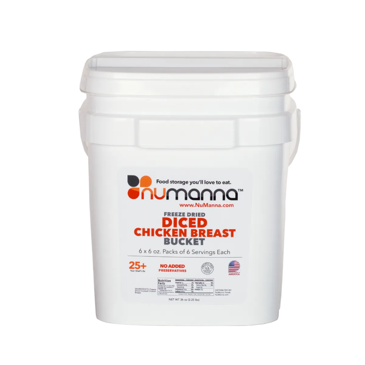 NuManna Diced Chicken Breast Bucket, 36 Servings - Emergency Survival Food Storage Kit, Separate Rations, in a Bucket, 25 Plus Year Shelf Life, GMO-Free