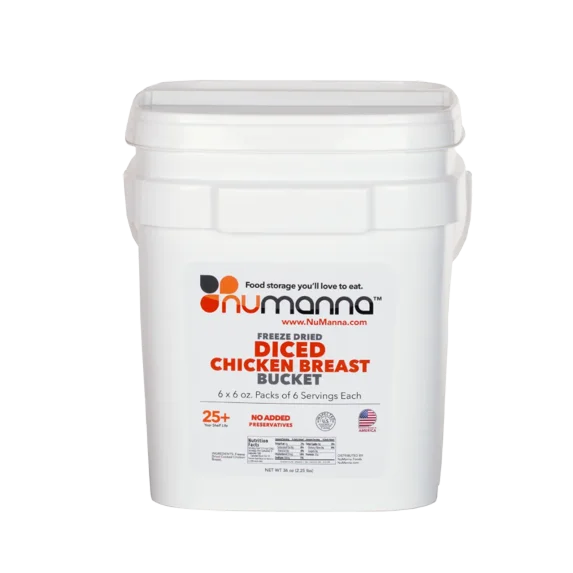 NuManna Diced Chicken Breast Bucket, 36 Servings - Emergency Survival Food Storage Kit, Separate Rations, in a Bucket, 25 Plus Year Shelf Life, GMO-Free