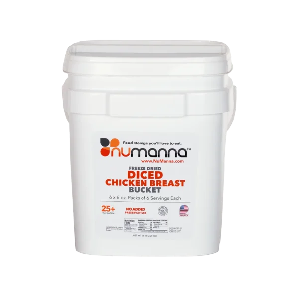 NuManna Diced Chicken Breast Bucket, 36 Servings - Emergency Survival Food Storage Kit, Separate Rations, in a Bucket, 25 Plus Year Shelf Life, GMO-Free