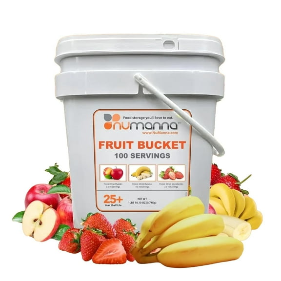 NuManna Freeze Fruits Bucket 100 Servings Contains Apples, Bananas & Strawberries Non-GMO | No Preservatives Healthy Snacks Emergency Food Perfect For Camping, Backpacking 25 Years Shelf Life