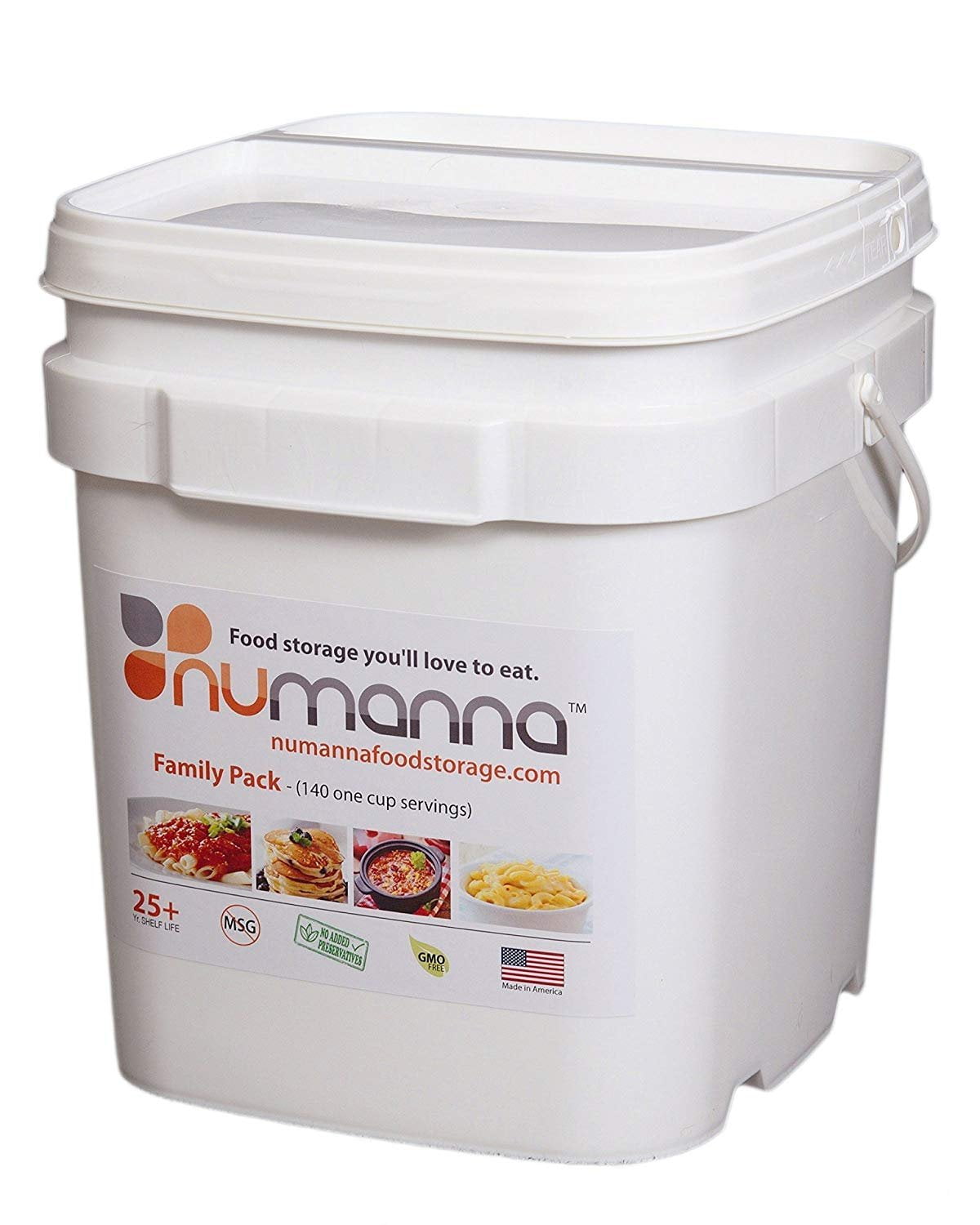 NuManna Family Pack Emergency Food Bucket – 144 Servings | 1-Month Family Survival Meal Kit | Non-GMO Freeze-Dried Food with 25+ Year Shelf Life | Resealable Pouches | Made in USA