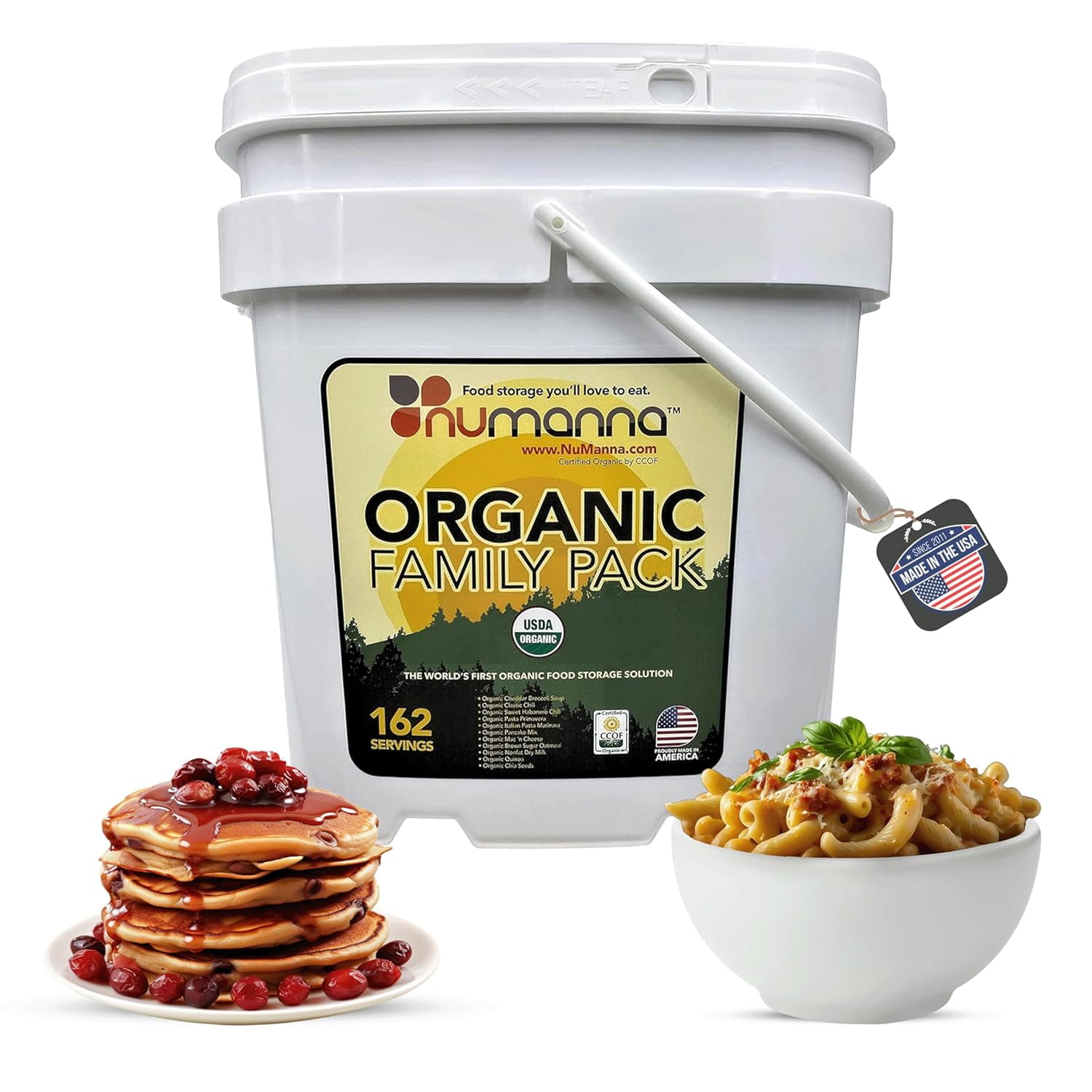 NuManna USDA ORGANIC Family Pack 162 Servings, Emergency Survival Food Storage Kit, Separate Rations, in a Bucket, Meals Included Have 25 Year Shelf Life, GMO-Free Single
