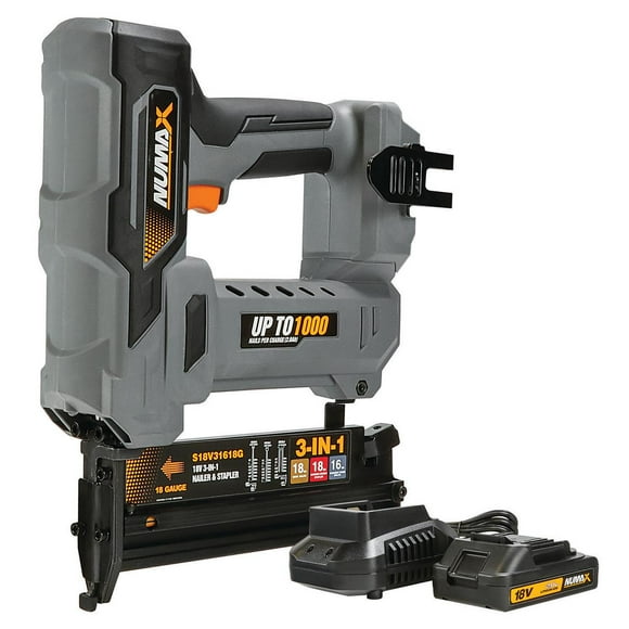 NuMax S18V31618G 18 Volt Cordless 3-in-1 16 and 18 Gauge 2" Finish Nailer / Stapler Kit with Lithium Ion Battery, Charger and Fasteners  1000 Shots per Charge