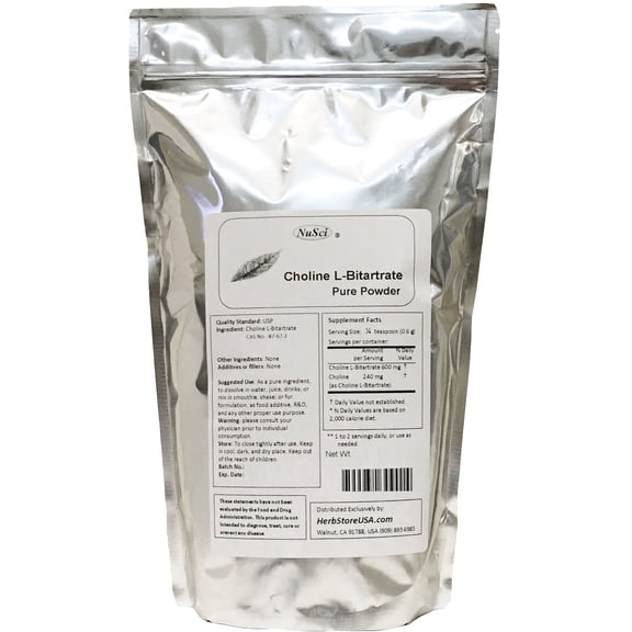 NuSci Choline L-Bitartrate Pure Powder "Smart Nutrient" 500 g (1.1 Lb)