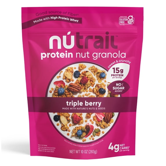 NuTrail 15g Protein Nut Granola Cereal, Triple Berry, No Sugar Added, Keto, Low Carb, Gluten Free, Grain Free, Healthy Breakfast, 10 oz, 1 Count