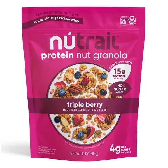 NuTrail 15g Protein Nut Granola Cereal, Triple Berry, No Sugar Added, Keto, Low Carb, Gluten Free, Grain Free, Healthy Breakfast, 10 oz, 1 Count