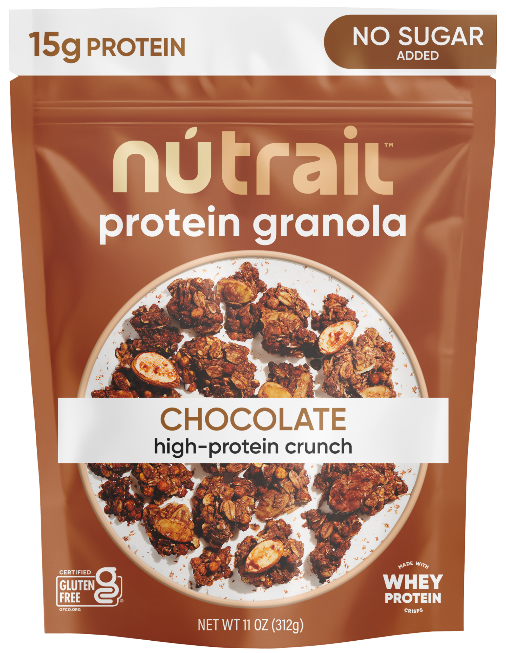 NuTrail 15g Protein Granola Cereal, Chocolate, No Sugar Added, Gluten Free, Made with Whey, 11 oz. 1 Count