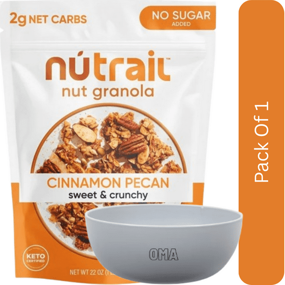 NuTrail Cinnamon Pecan Keto Nut Granola, Low Carb, 22 oz. with white bowl by OMA