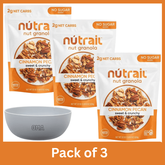NuTrail Low Carb Keto Nut Granola Cinnamon Pecan, 22 oz Bags, Pack of 3 with Serving Bowl by OMA