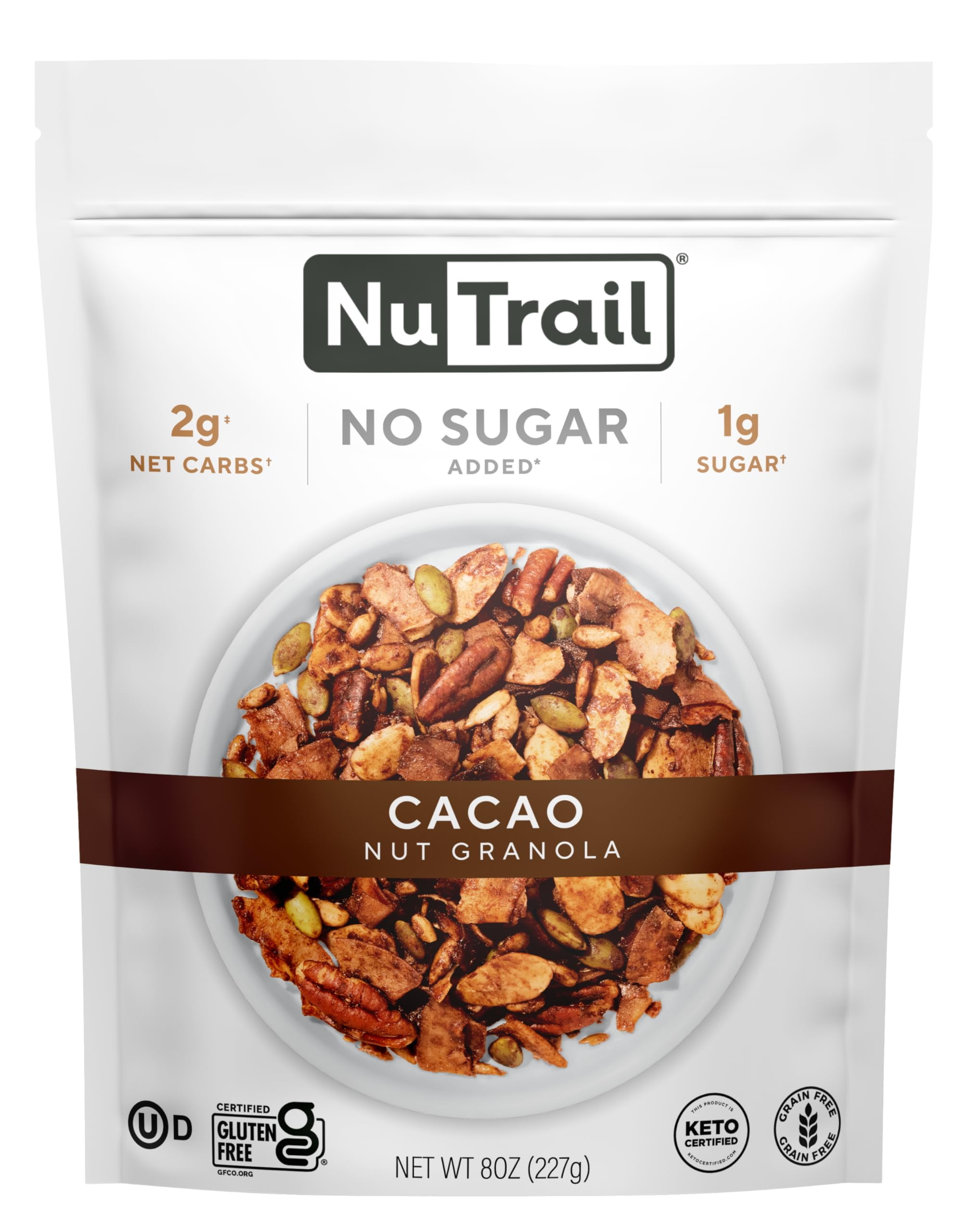NuTrail Nut Granola Cereal, Cacao, No Sugar Added, Keto, Low Carb, Gluten Free, Grain Free, Healthy Breakfast 8 oz. 1 Count