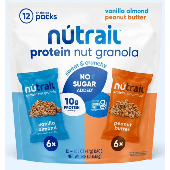 NuTrail Protein Nut Granola Variety Pack, Vanilla Almond and Peanut Butter, 12 Count, 1.65 oz