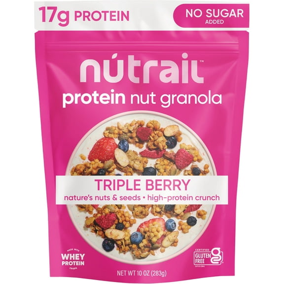 NuTrail 17g Protein Nut Granola Cereal, Triple Berry, No Sugar Added, Keto, Low Carb, Gluten Free, Grain Free, Healthy Breakfast 10 oz. 1 Count