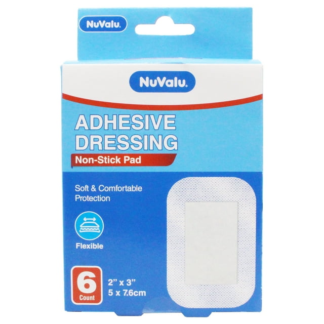 NuValu Adhesive Island Wound Dressing Non-Stick Pad with Breathable and Flexible Borders, 6 Count (2in x 3in)