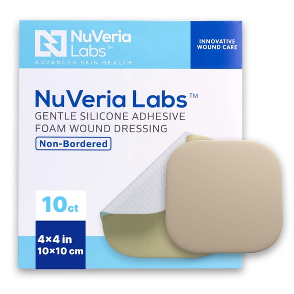 NuVeria Labs Hospital Grade Non-Bordered Silicone Foam Wound Dressing - Gentle Adhesive Multi-Layer Absorbent Pad with Breathable Water-Resistant Film, 4"x 4" Sterile, Cut-to-Fit, 10 Each/Box