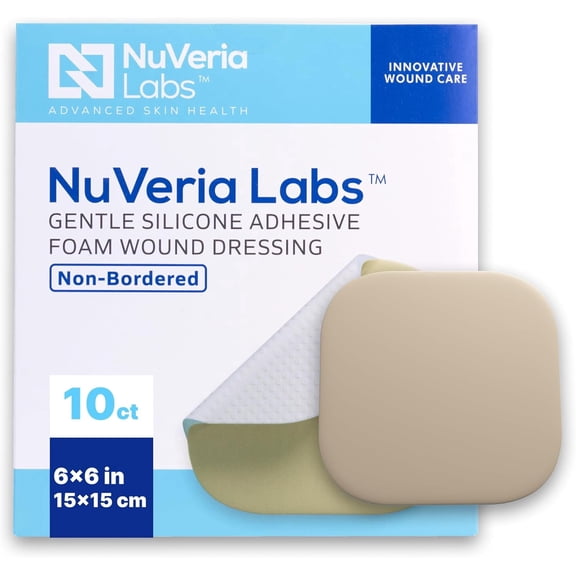 NuVeria Labs Hospital Grade Non-Bordered Silicone Foam Wound Dressing, Gentle Adhesive Multi-Layer Absorbent Pad with Breathable Water-Resistant Film, 6" x 6" Sterile, Cut-to-Fit, 10 Each/Box