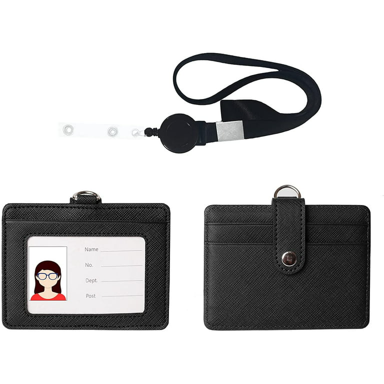 NuVision ID Badge Holder with Retractable Lanyard, Horizontal Thick PU  Leather ID Badge Card Holders, 1 Clear Window & 2 Credit Card Slots with  Secure Buckle for Work ID, Metro Card and