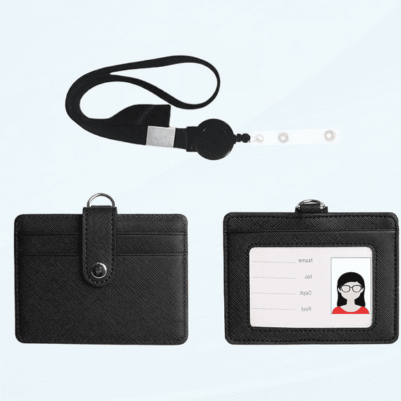 NuVision ID Badge Holder with Retractable Lanyard, Horizontal Thick PU Leather ID Badge Card Holders, 1 Clear Window & 2 Credit Card Slots with Secure Buckle for Work ID, Metro Card and Access Card