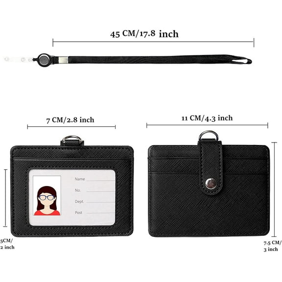 NuVision ID Badge Holder with Retractable Lanyard, Horizontal Thick PU Leather ID Badge Card Holders, 1 Clear Window & 2 Credit Card Slots with Secure Buckle for Work ID, Metro Card and Access Card