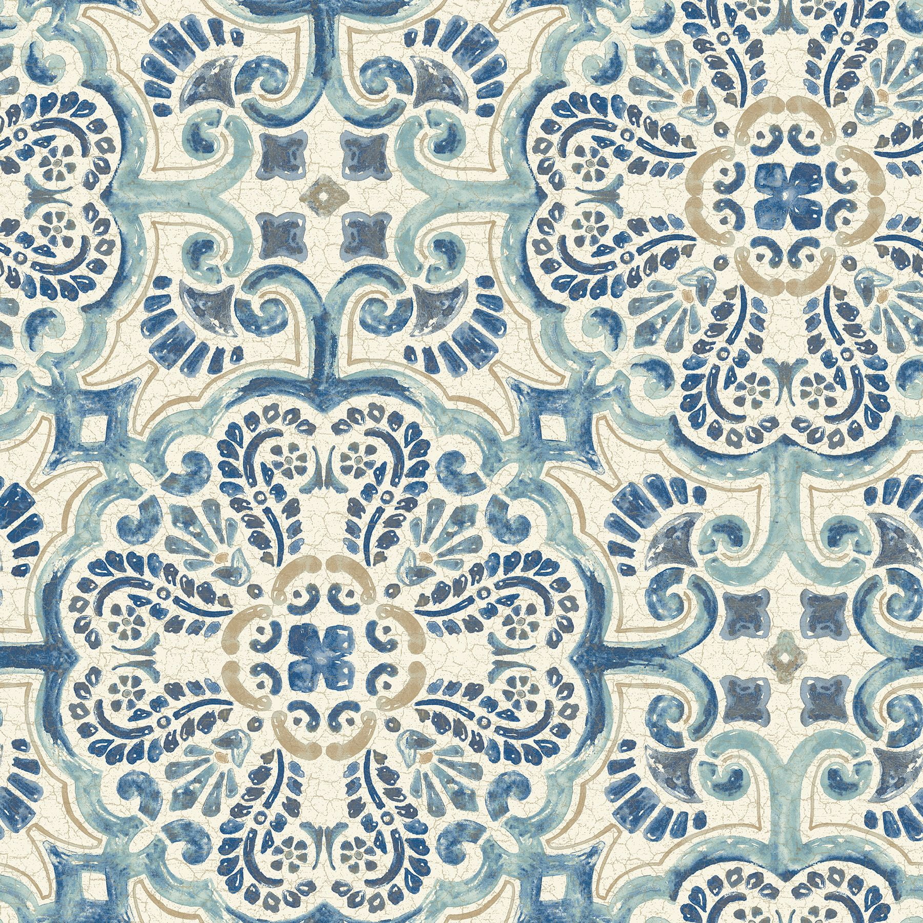 NuWallpaper Blue Florentine Tile Vinyl Peel and Stick Wallpaper Sample 0.56 sq. ft.