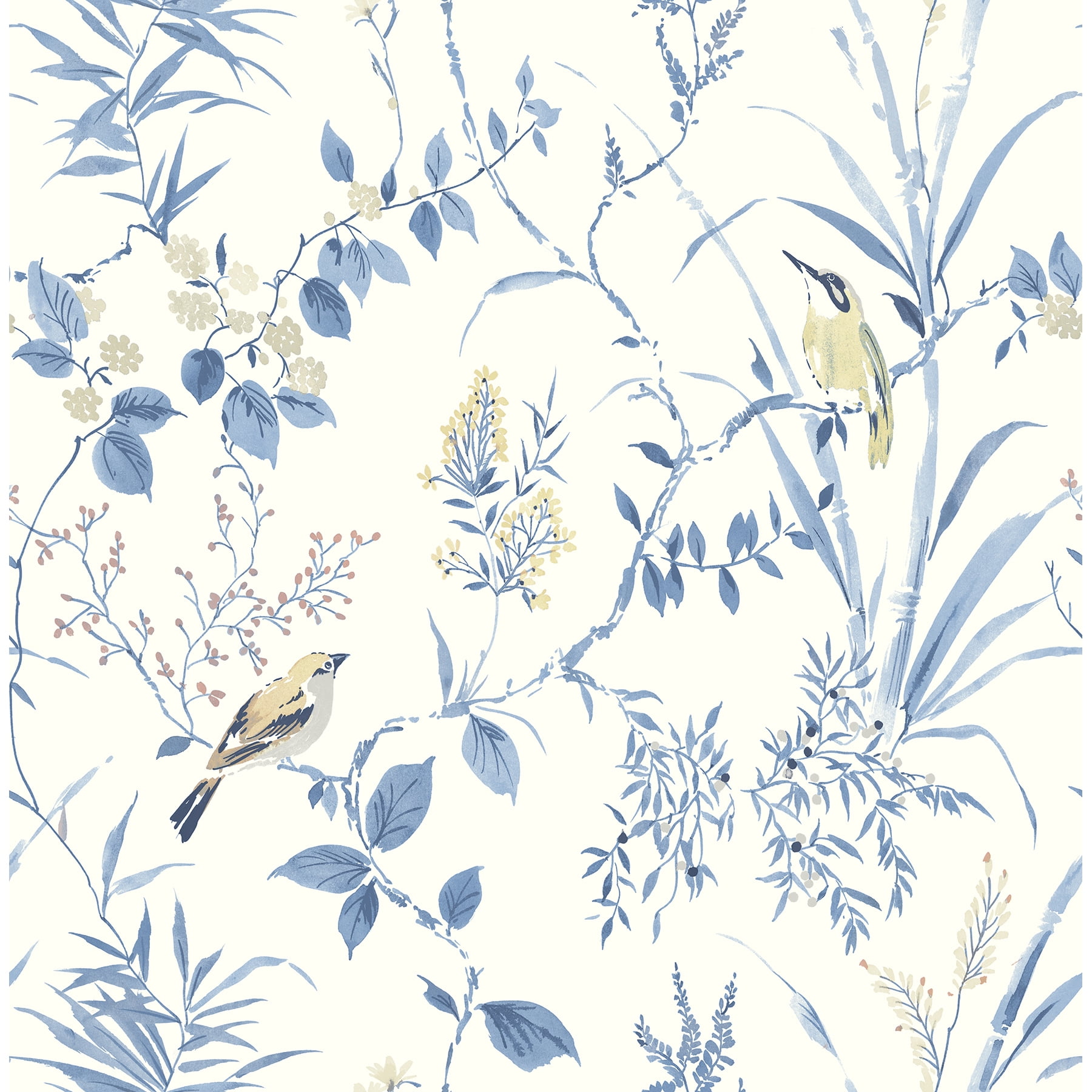 Blue and White Vinyl Botanical Bird Peel and Stick Wallpaper
