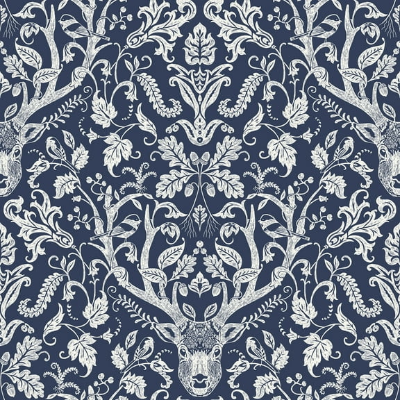 NuWallpaper Navy Escape to the Forest Vinyl Peel And Stick Wallpaper, 216-in by 20.5-in, 30.75 sq. ft.